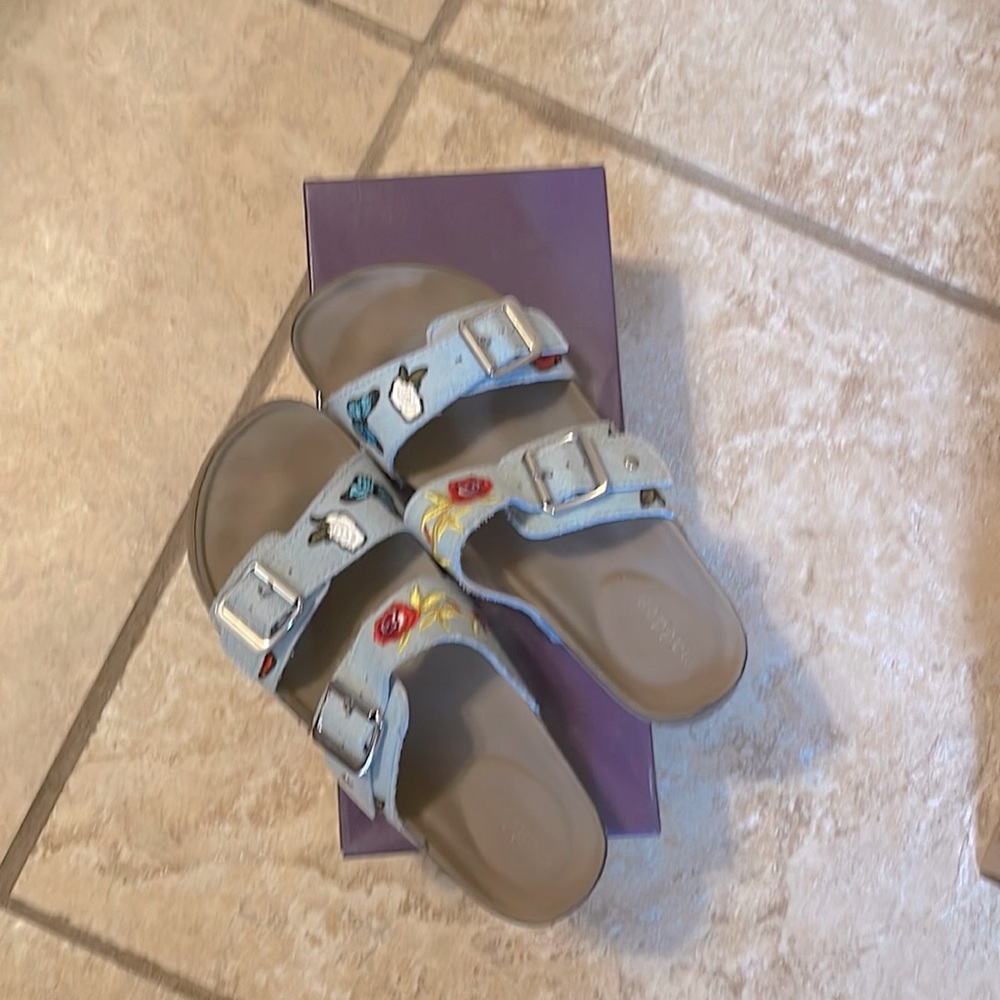 Madden Girl, women S7, Brando-N Denim Fab embroidered sandals.